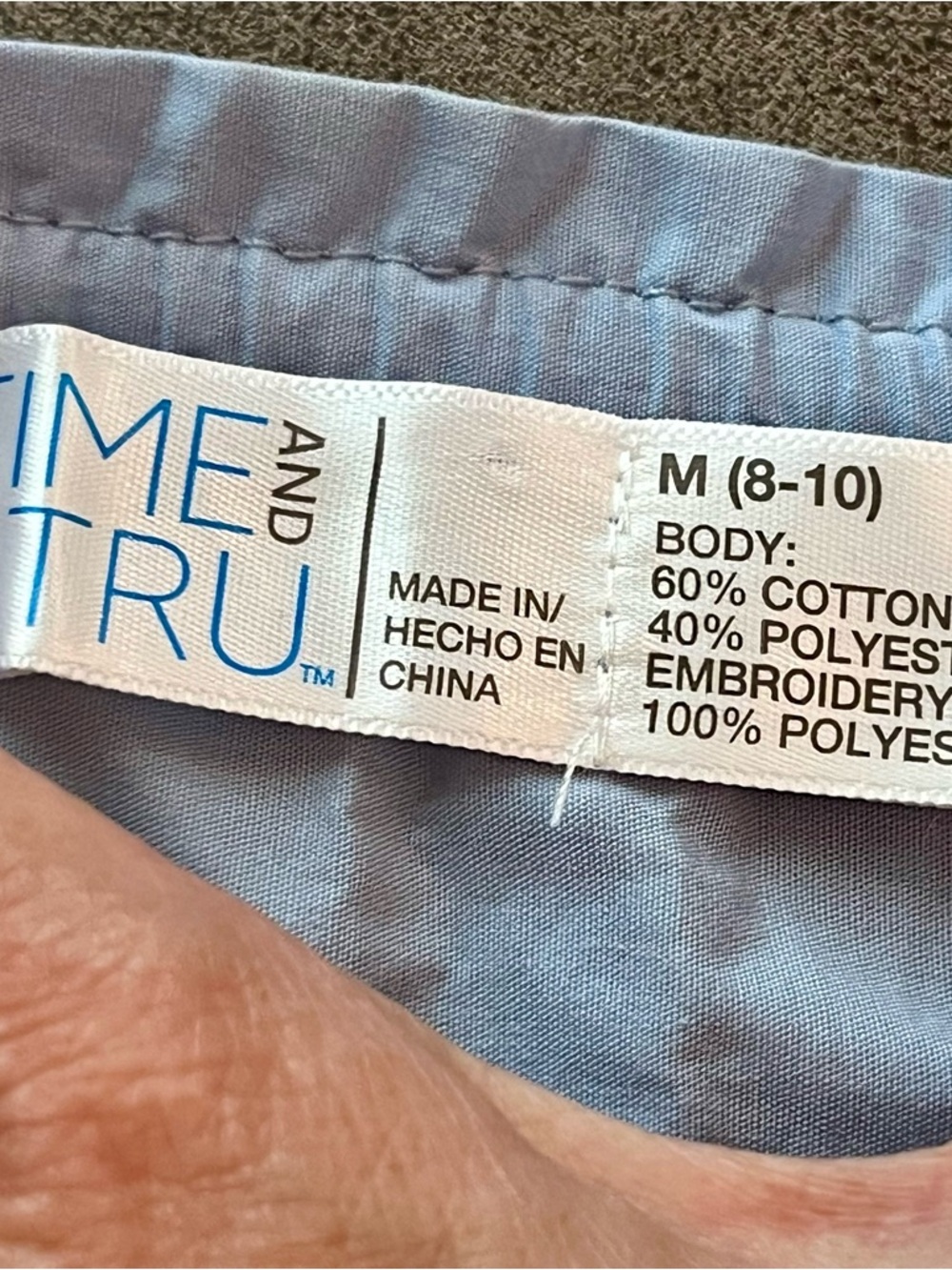 Time and Tru Light Blue Off-Shoulder Blouse with Navy Embroidery Cotton Blend - Picture 8 of 9